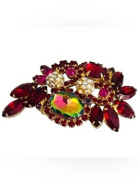 Vintage Juliana Watermelon Red Pink AB Brooch gold tone glamorous brooch